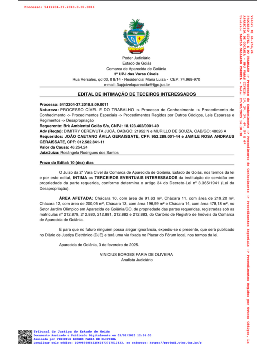 Publicação de edital para conhecimento de terceiros - Processo n° 5412204- 37 2018.8.09.001