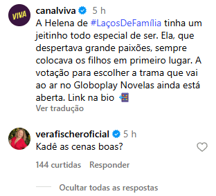 Vera Fischer critica seleção de cenas de “Laços de Família” em votação no Globoplay