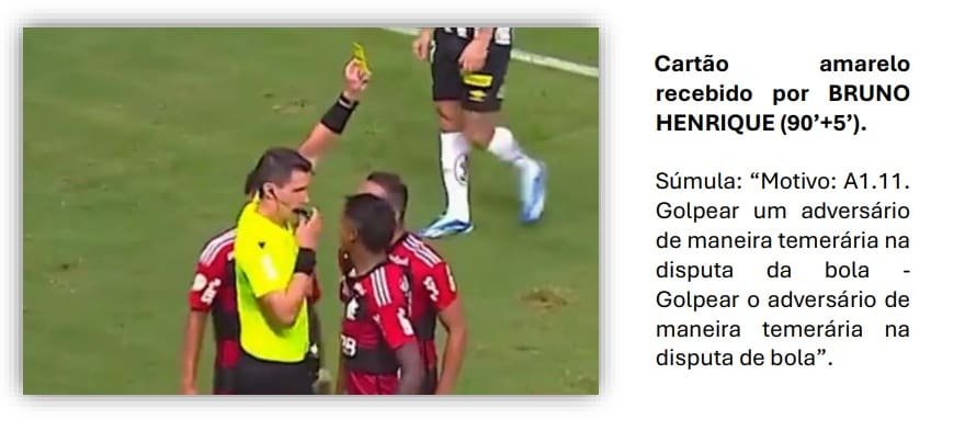 Na súmula da partida, Rafael Klein diz que cartão amarelo a Bruno Henrique aconteceu após "ação temerária" / Reprodução 