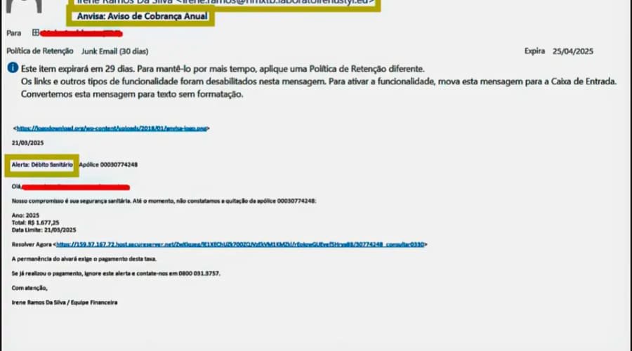 Anvisa alerta para tentativa de golpe com falsa cobrança por e-mail