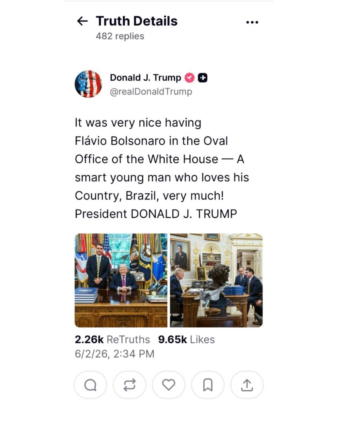 Trump publica foto com Flávio: "Jovem inteligente que ama muito o seu país"