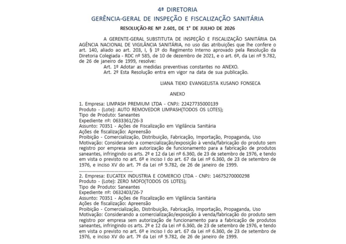 Anvisa proíbe lotes de limpador de pisos Limpash e do Antimofo Eucatex