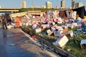 Carreta tomba na GO-020, derrama óleo e causa congestionamento em Goiânia