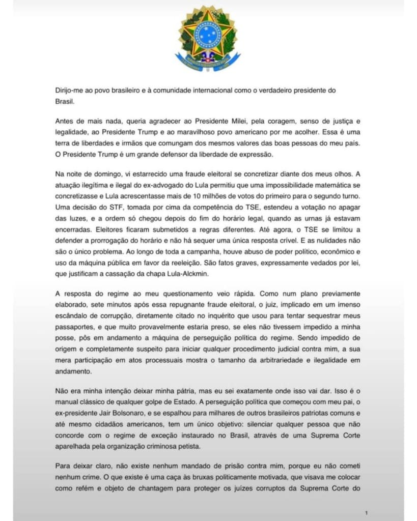 Flávio se diz 'presidente eleito', apaga post e passa a se chamar de 'líder do Brasil'